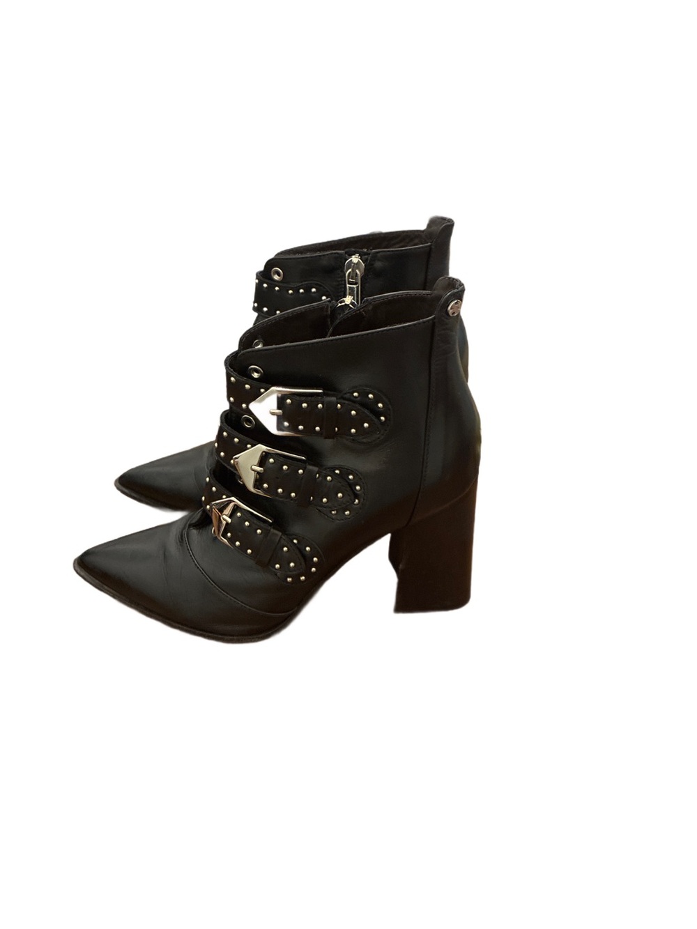Capezzani Studded Triple Buckle Black Leather Ankle Booties Size 6